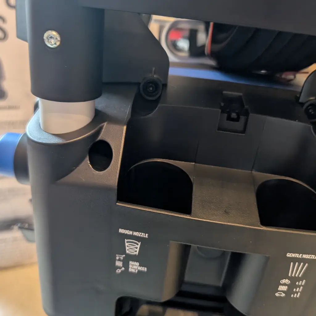 Rear view of Nilfisk Premium 200 showing recommended nozzle and pressure guidance sticker