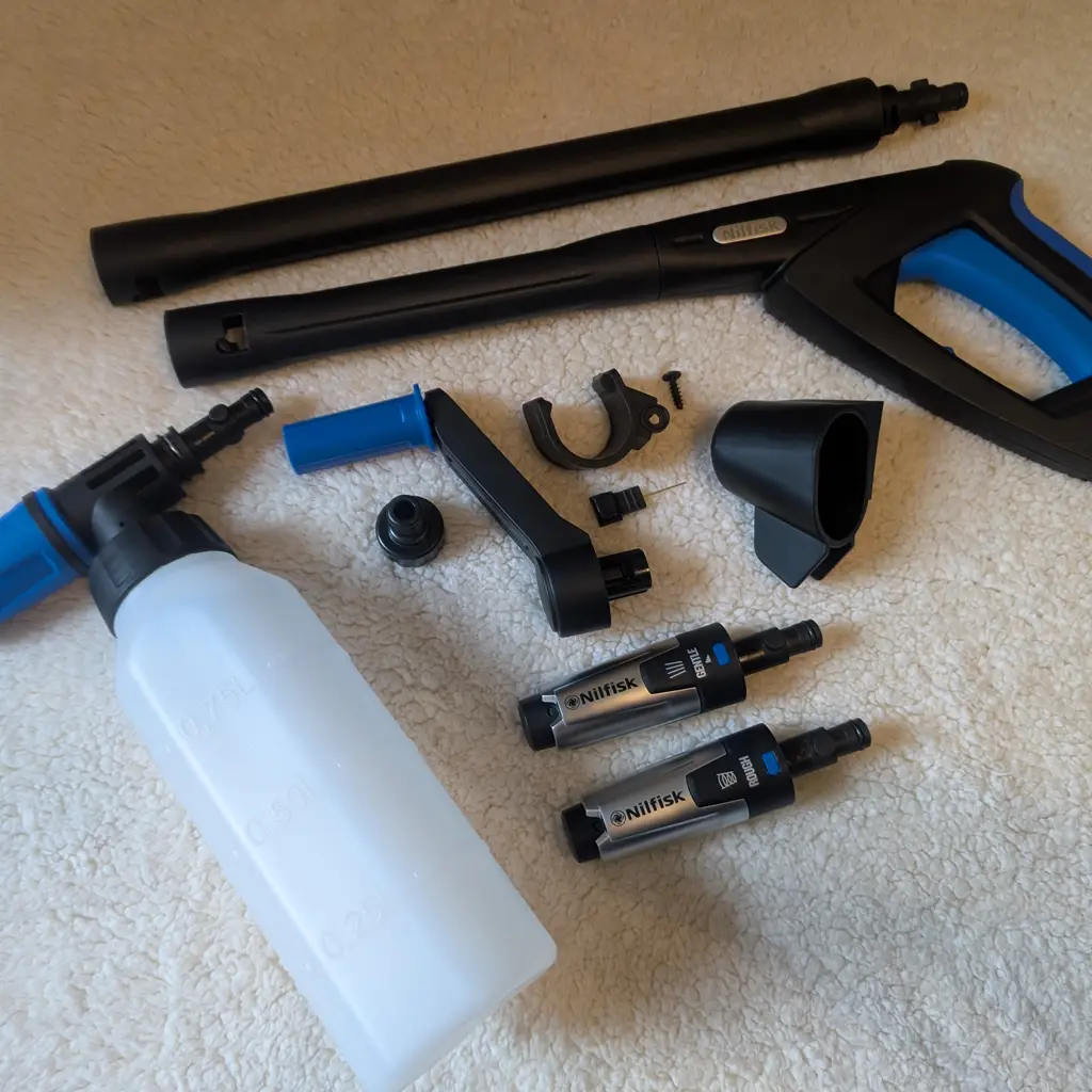 Nilfisk Premium 200 side view showing collapsible handle, wheels, and overall unit design